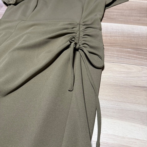 Calvin Klein Sheath Dress Women 10 Olive Green Ruched Side Drawstring Crepe Midi - Picture 5 of 12